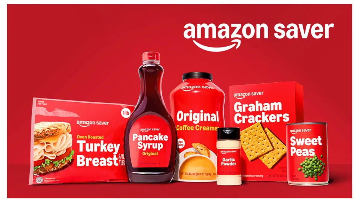 Image of Amazon Saver's grocery items including turkey breast, pancake syrup, coffee creamer, garlic powder, graham crackers and sweet peas, all in bright red packaging with white box lettering