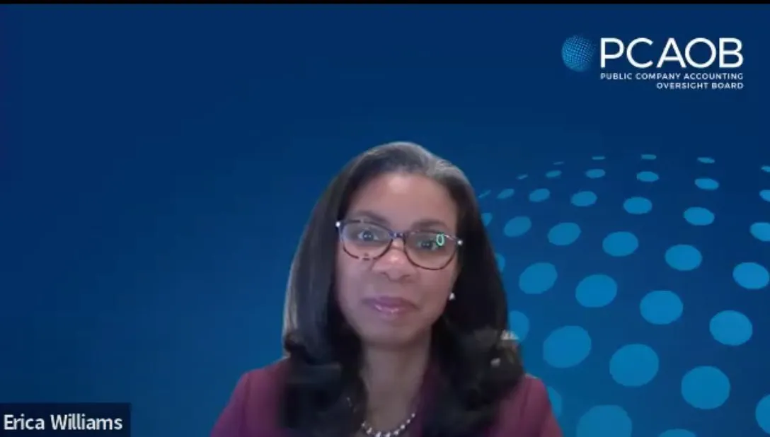 PCAOB Chair Erica Williams appears on video at a conference.