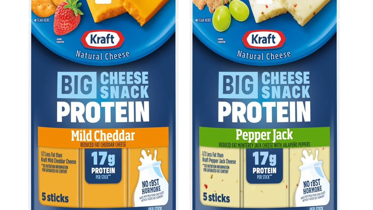 Packages of Kraft Natural Cheese Protein Cheese Sticks.