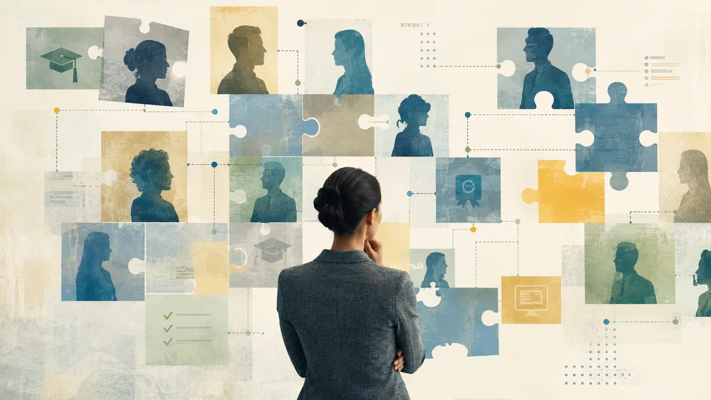 A woman in business attire stands before a wall of interconnected puzzle pieces