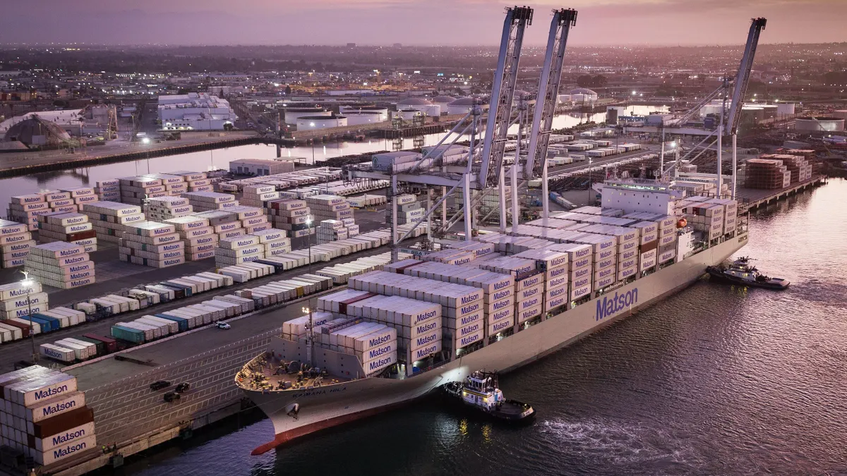 A Matson vessel docked at a Southern California port terminal.