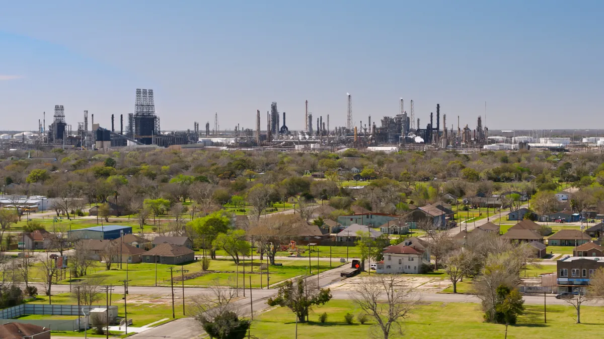 Residential neighborhood built close to oil refinery in Port Arthur, Texas.