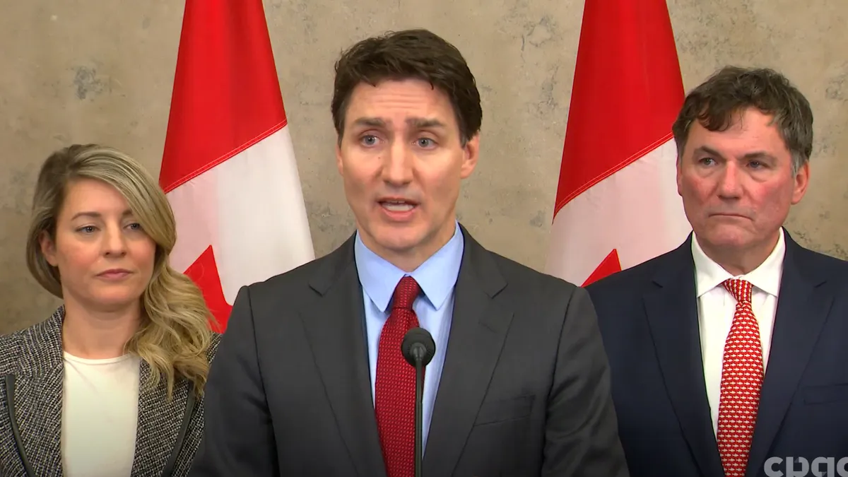 Canada Prime Minister Justin Trudeau responds to U.S. tariffs on Feb. 1, 2025.