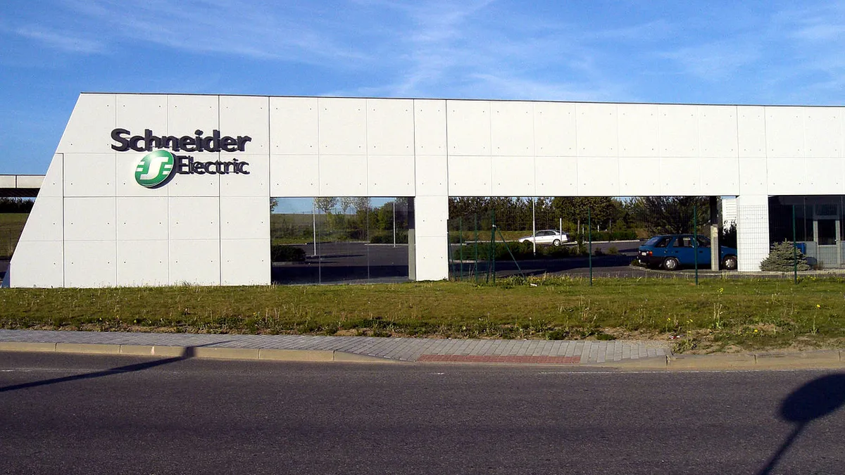 The main gate of the Schneider Electric factory in Pisek, Czech Republic on October 6, 2012.