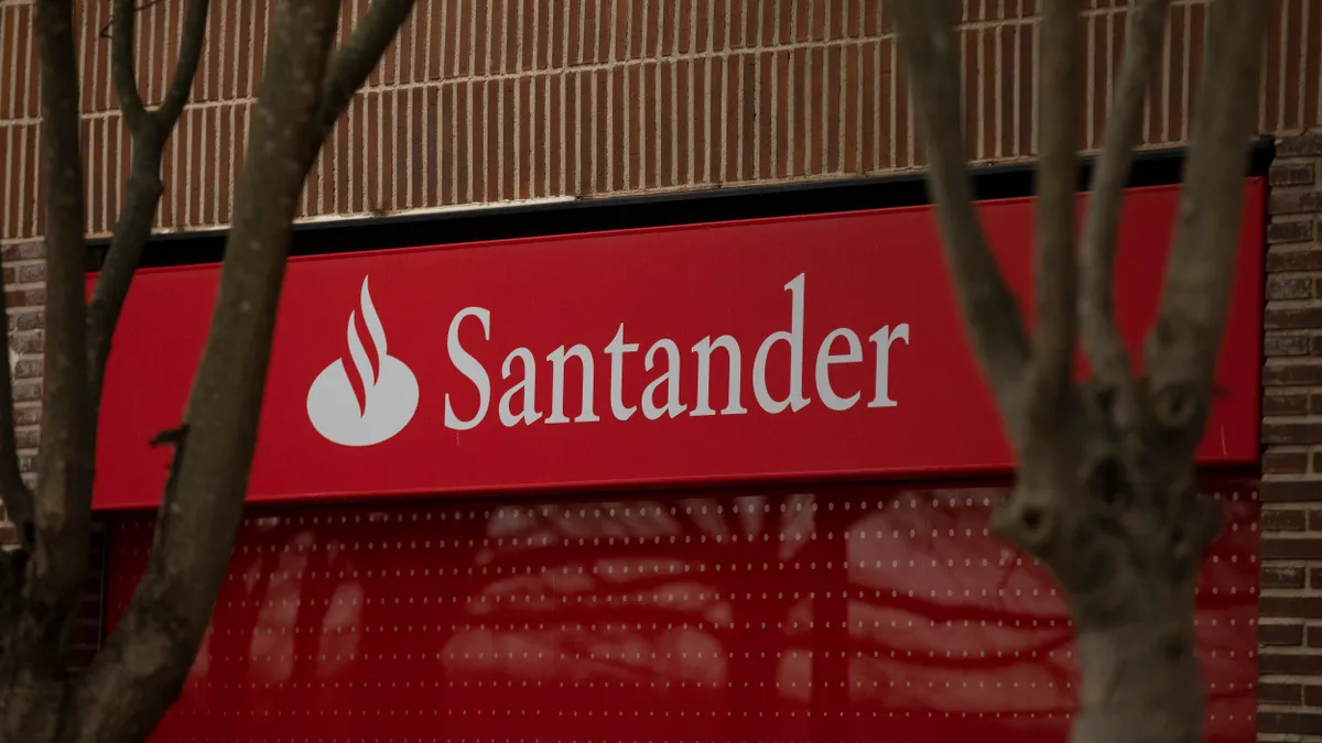 A Banco Santander's logo is seen at a bank's branch before a news conference to announce the 2019 results on January 29, 2020 in Boadilla del Monte, in Madrid, Spain.