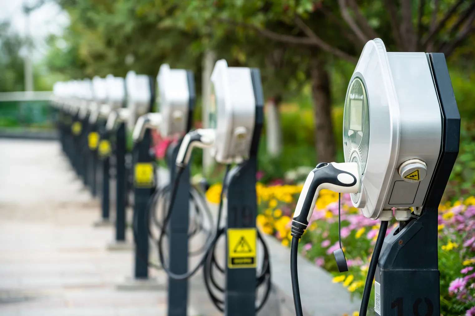 an empty row of EV chargers at a public park