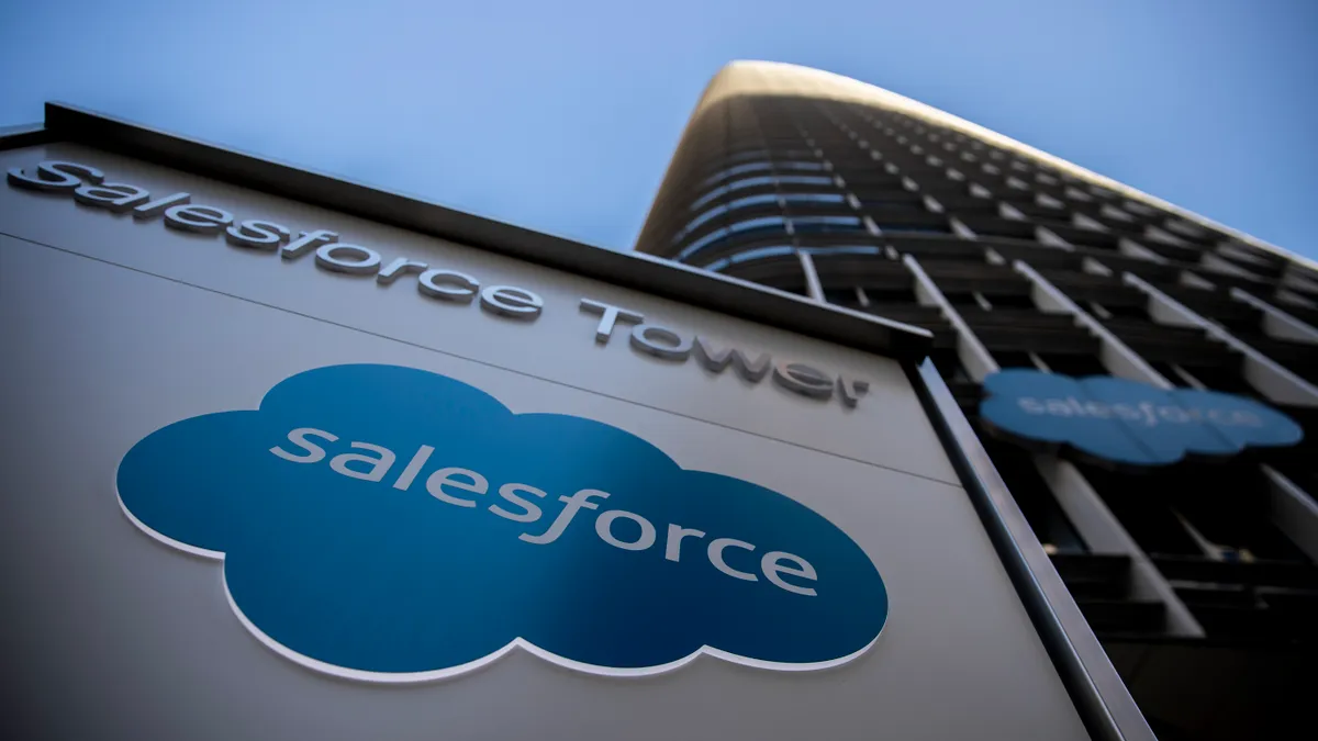 A low-angle shot of the Salesforce logo as seen on the Salesforce Tower in San Francisco, California.