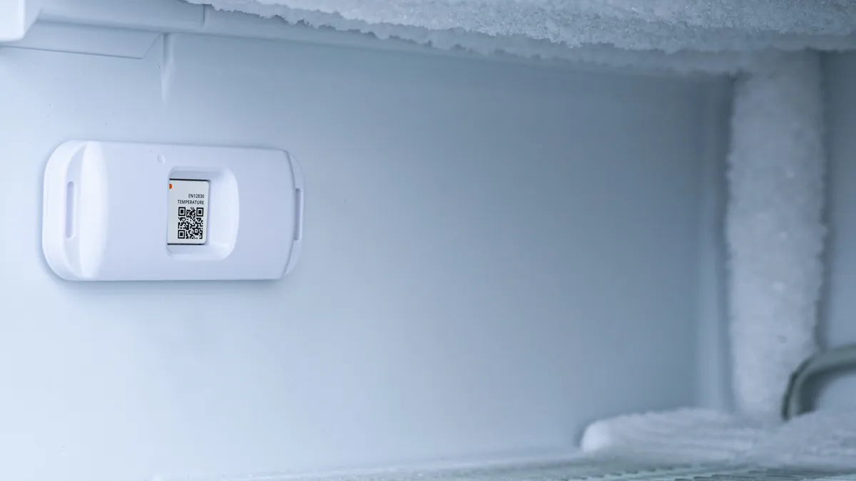 A photo of  a temperature sensor in a freezer.