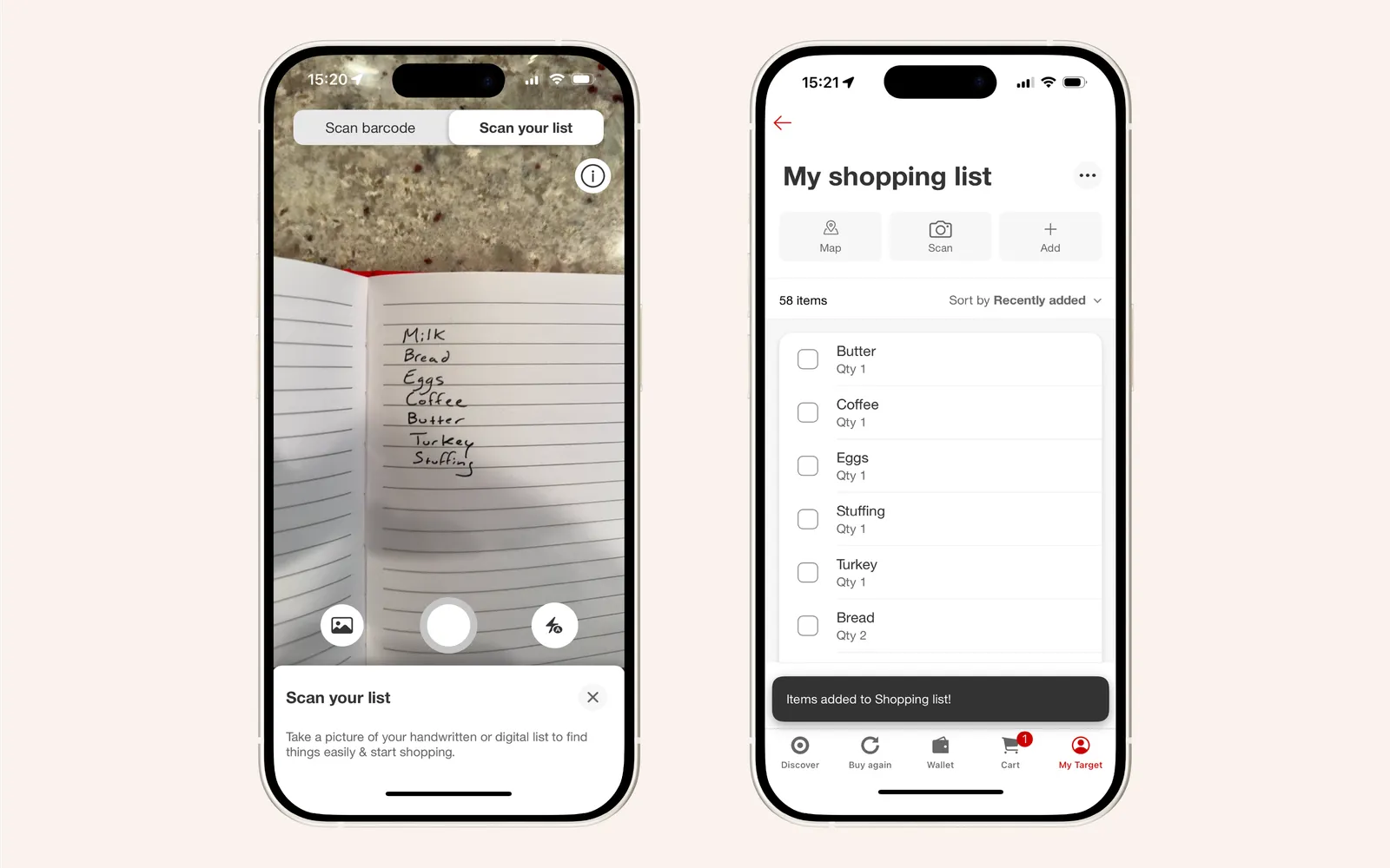 Two screenshots of Target's handwritten to digital shopping list functionality