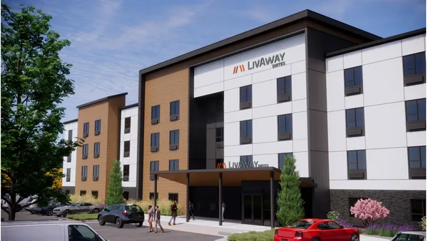 A rendering of a LivAway Suites hotel.