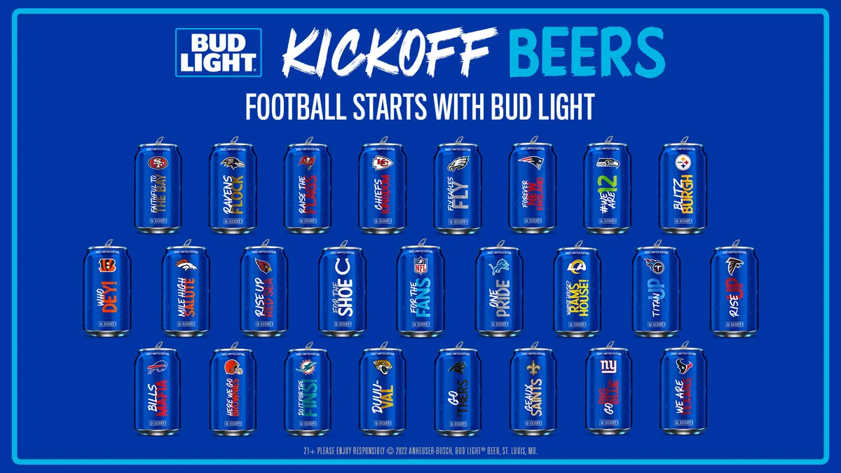 Three rows of cans of Bud Light against a blue backdrop show off the brand's custom packaging tailored to 24 different NFL teams.