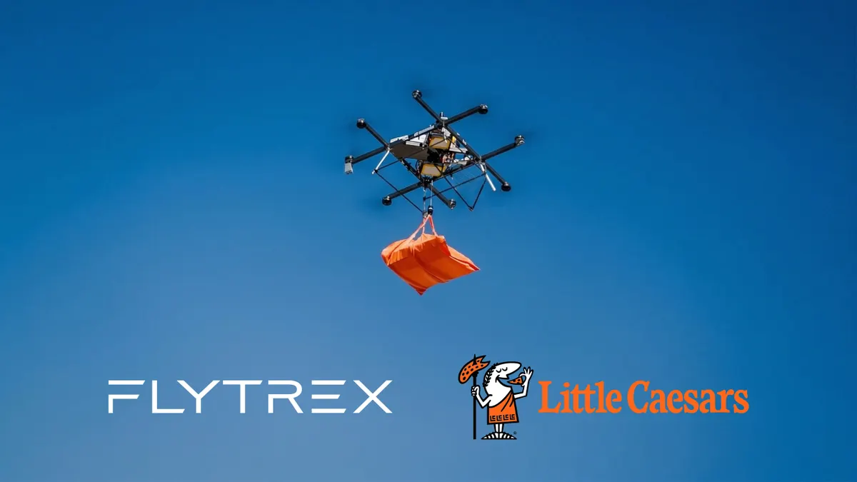 A drone carrying an orange pizza delivery bag.