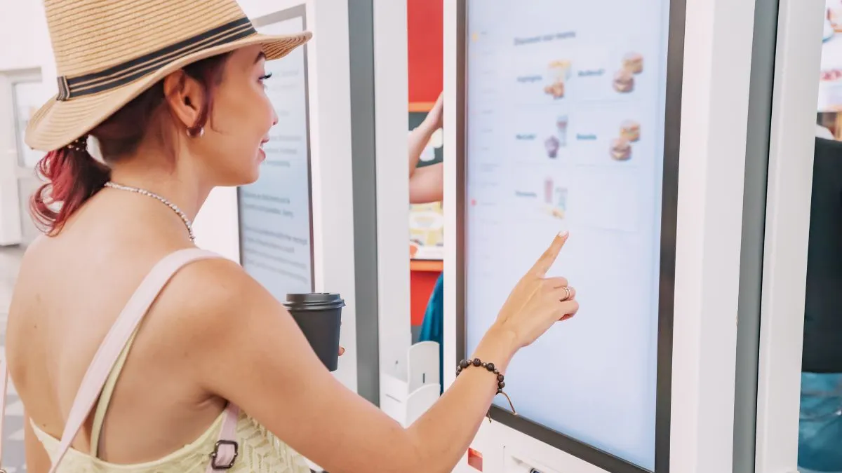 A woman is ordering food off of a self-service kiosk.