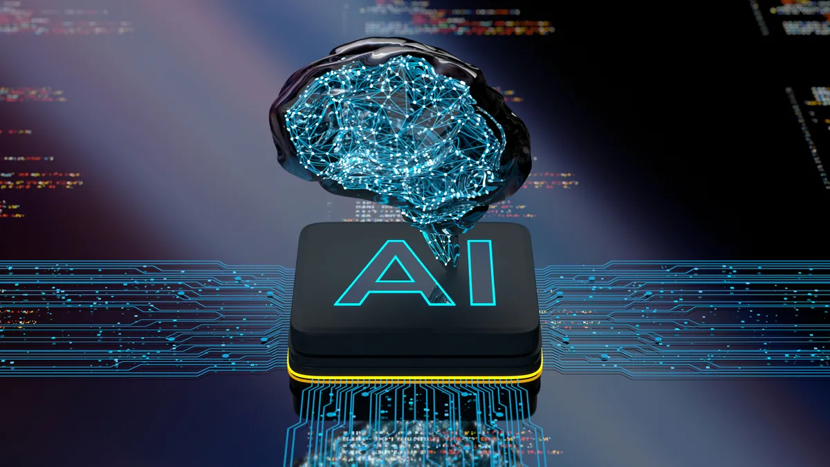 A black AI processor with a brain above it