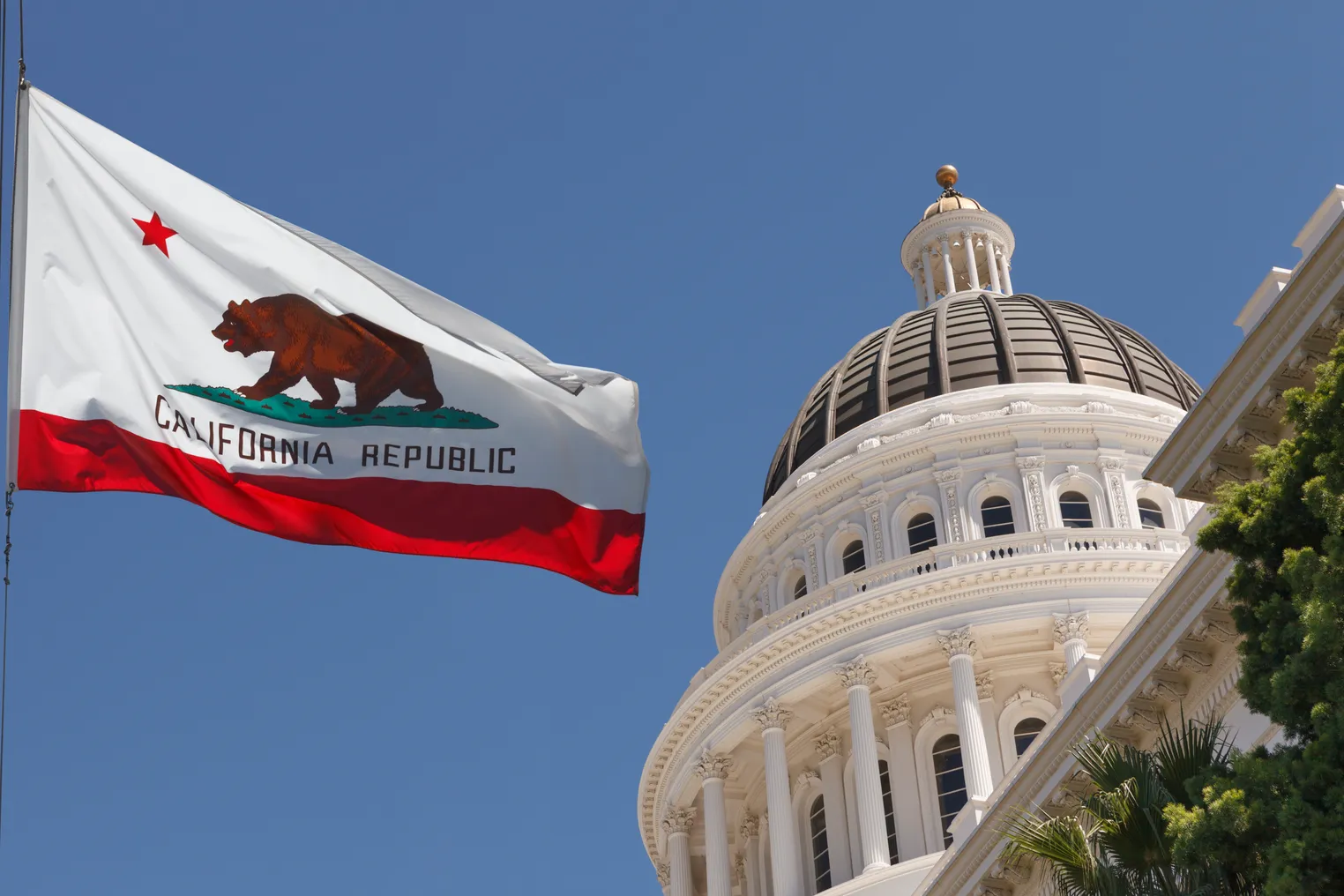 California state flag and state capitol building in Sacramento