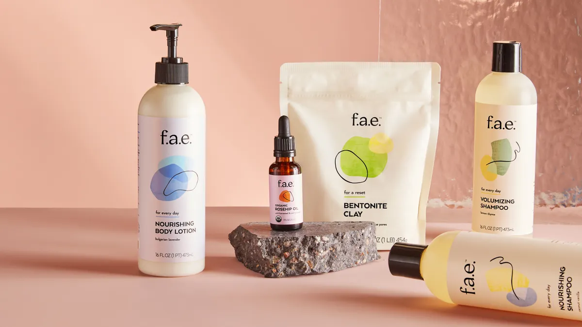 Assortment of f.a.e. beauty products on display