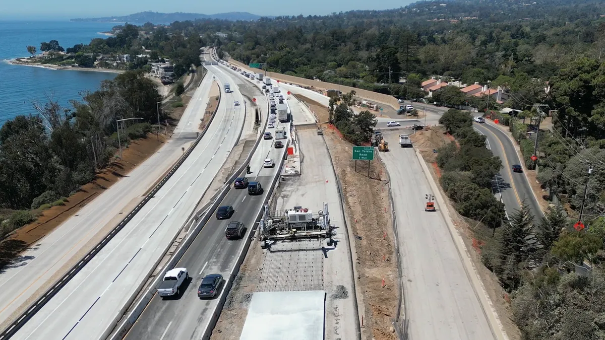 Aerial view of construction roads by the water