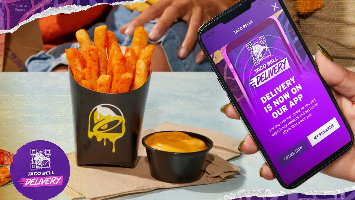 A promotional image for Taco Bell's in-app delivery service.