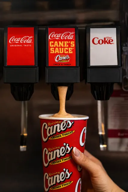 A person's hand is seen holding a cup up to a soda foundation with sauce coming out of it.