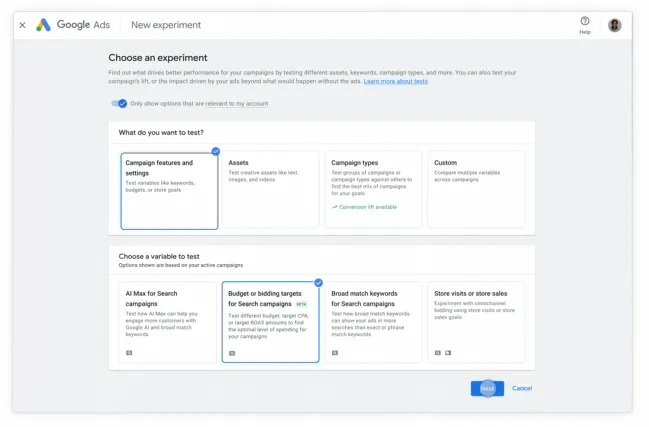 Google Ads tests