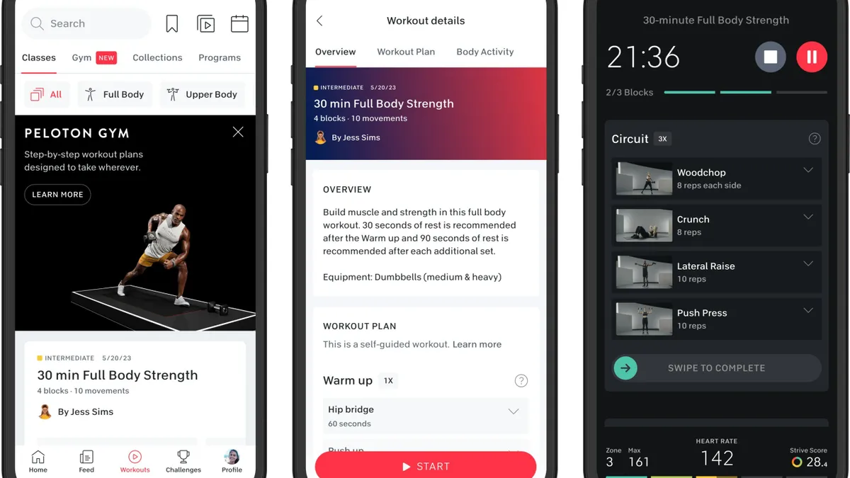 Three phone screens showcasing Peloton Gym.