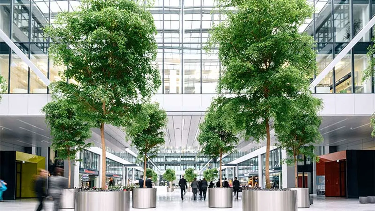 A building with trees.