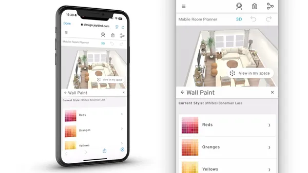 Two screenshots on a mobile app showing home designs and paint color selections.