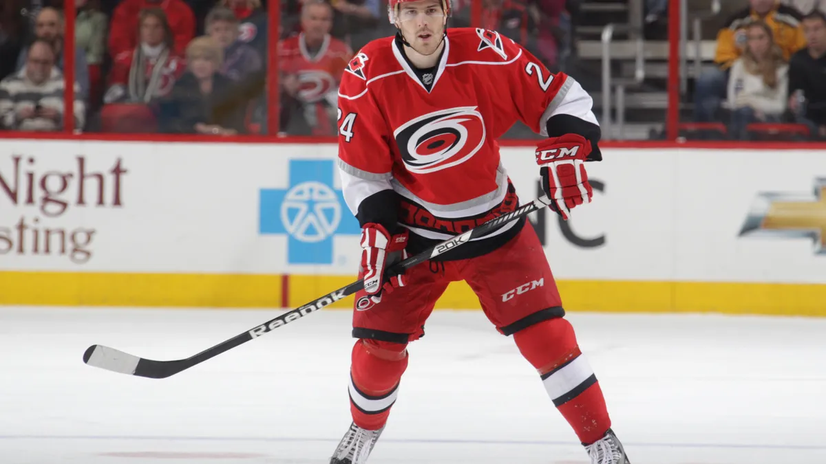 Bobby Sanguinetti action shot playing hockey for the Carolina Hurricanes