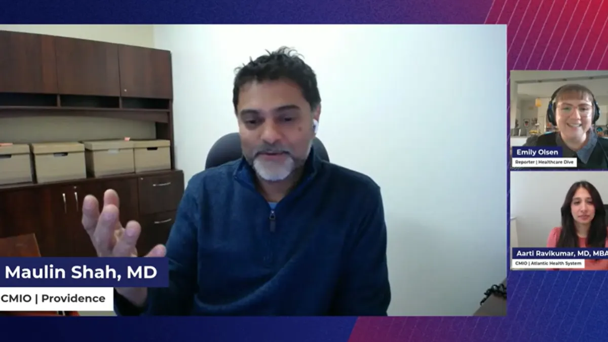 A screenshot of two panelists (Maulin Shah and Aarti Ravikumar) and one moderator (Emily Olson) during a Healthcare Dive virtual event.