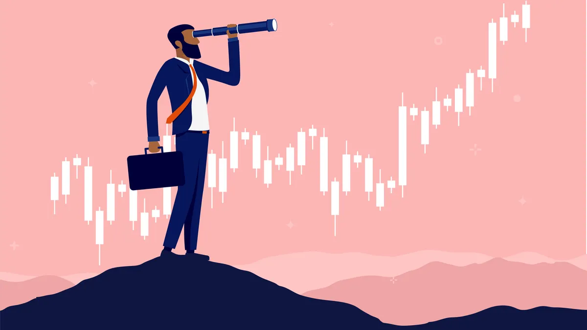 Man with binocular standing on hilltop with rising graph in background.
