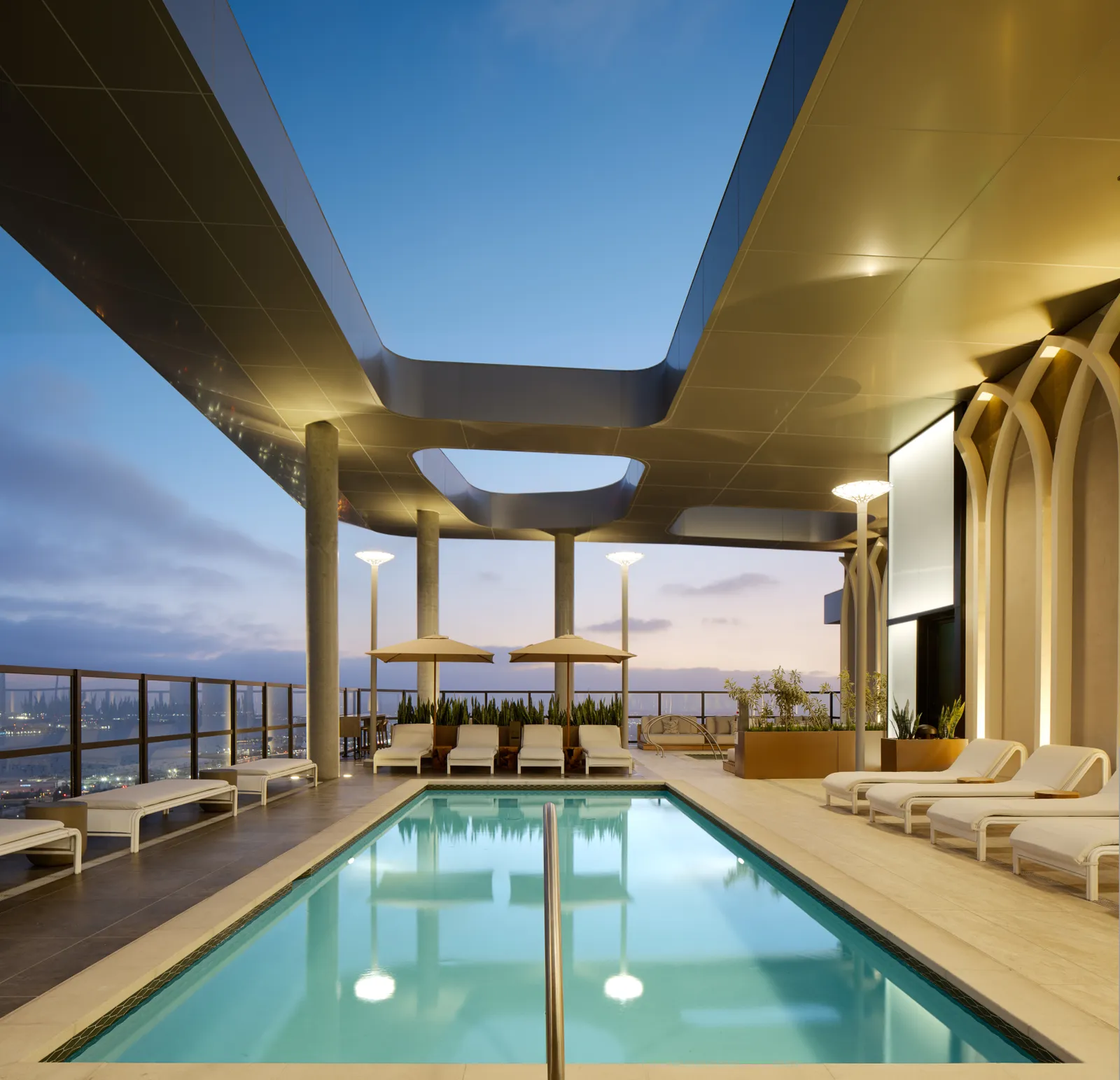 An outdoor pool at an apartment building.