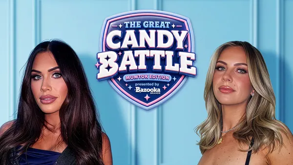 “The Secret Lives of Mormon Wives” stars Jessi Draper and Mayci Neeley stand in front of a blue background with the logo for "The Great Candy Battle" between them.