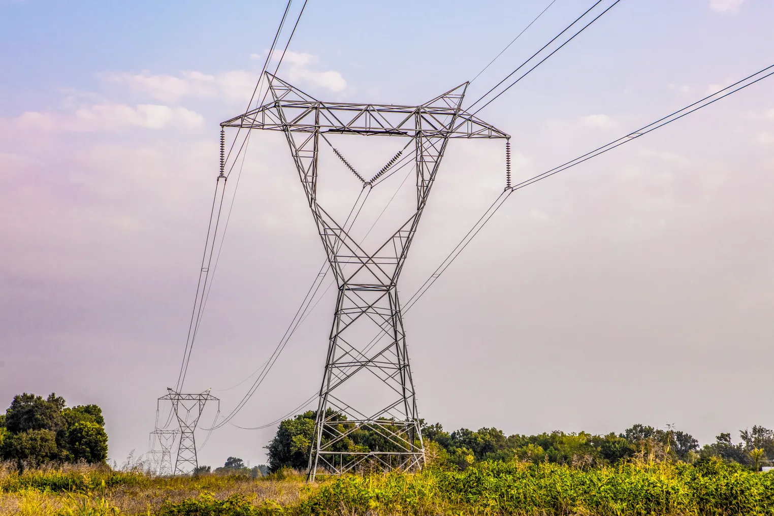 Power line towers crossing a scrubby field.