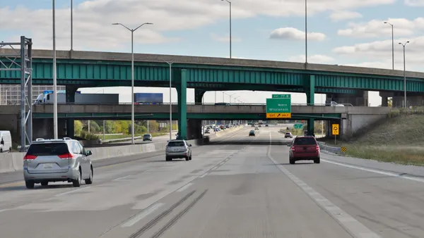 Interstate 90 near Chicago's O'Hare airport shows passenger traffic and brake marks.
