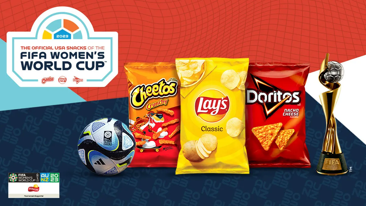 Three bags of Frito-Lay products next to a FIFA World Cup trophy.