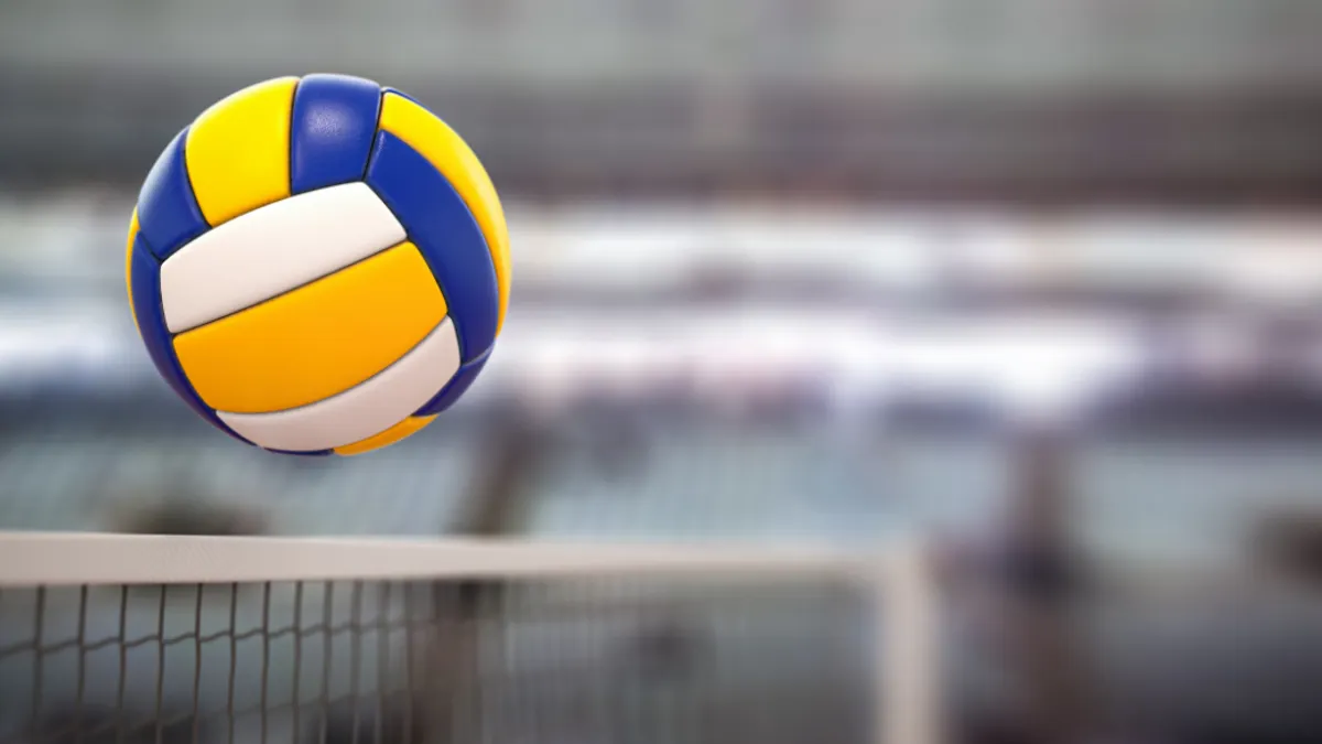 Volleyball ball and net in arena during a match.