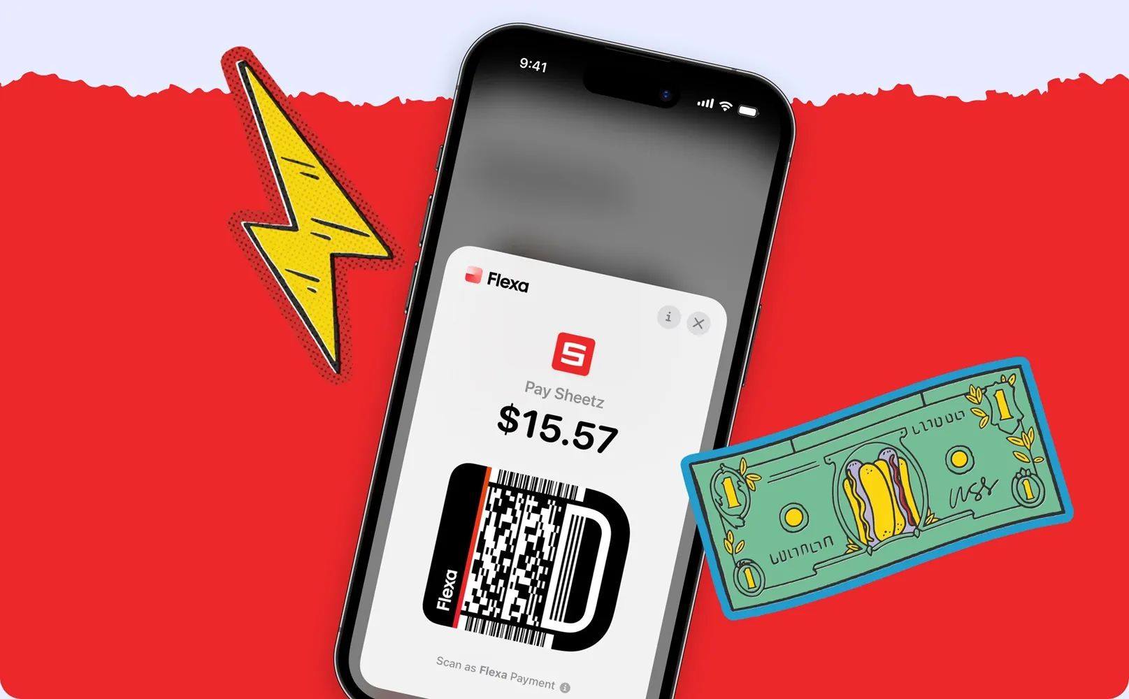 A graphic showing a photo of a mobile phone showing an open app. Text in the app says "Flexa" and "pay Sheetz $15.57" above a scannable code.  Illustrations of a dollar bill and lightning bolt .