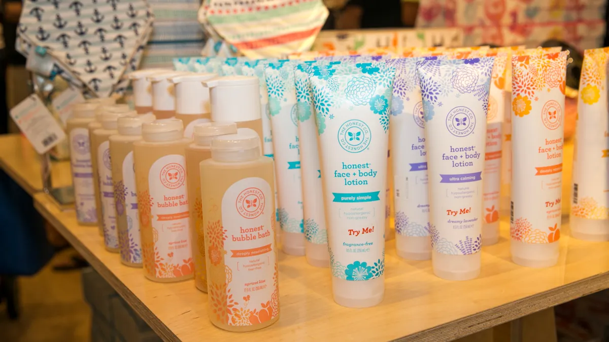 Various products with "Honest Company" labels are displayed at a store.