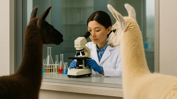 A scientist in a lab coat examines a microscope, flanked by two curious llamas. Test tubes with colored liquids are visible in the background.