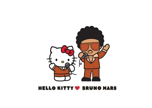 A brand design of Hello Kitty and Bruno Mars holding microphones for their collaboration