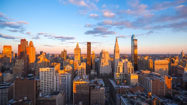 The skyline of Manhattan's Chelsea neighborhood at sunset.