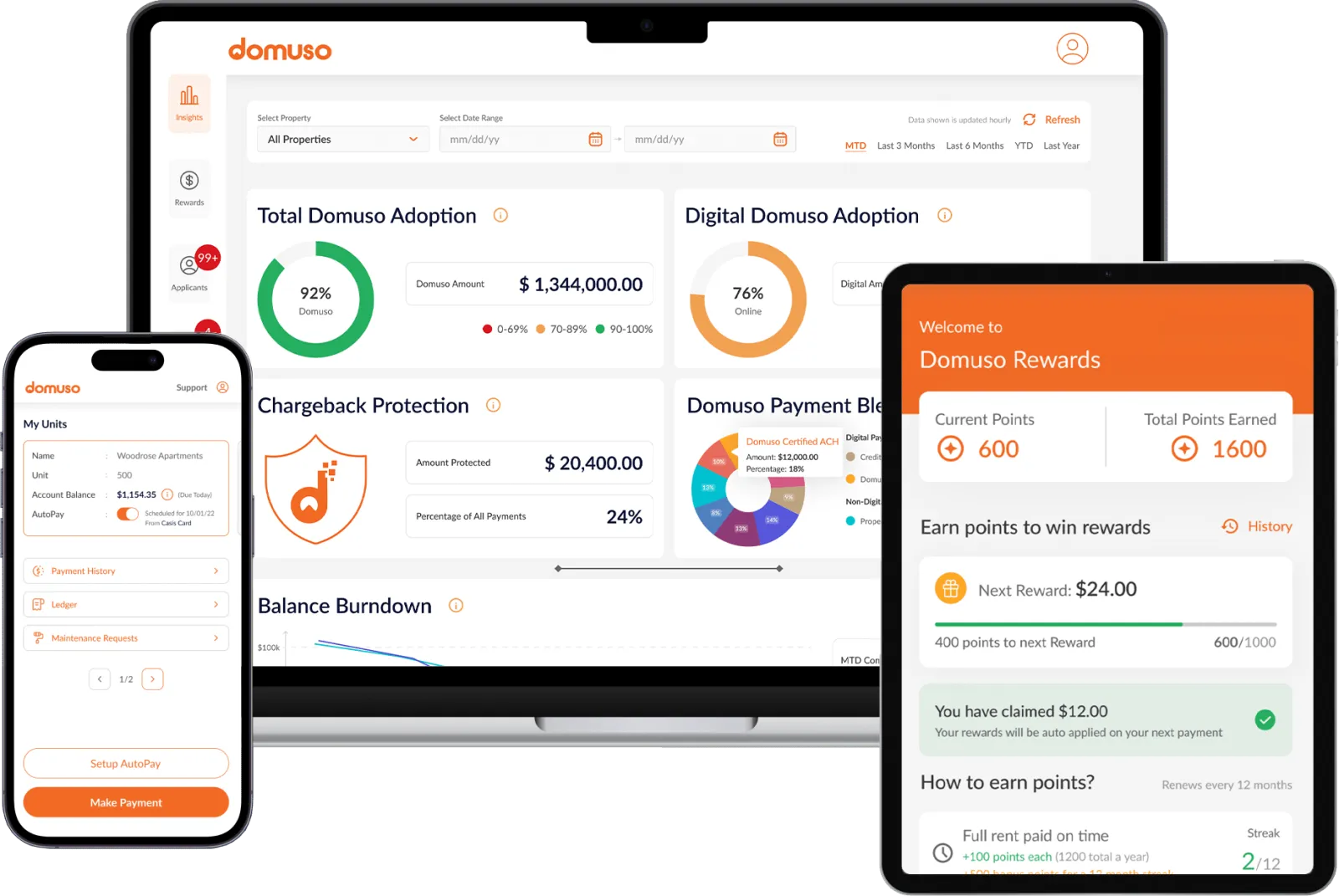 A computer screen, mobile phone, and tablet displaying Domuso&#x27;s Payment Insights program.