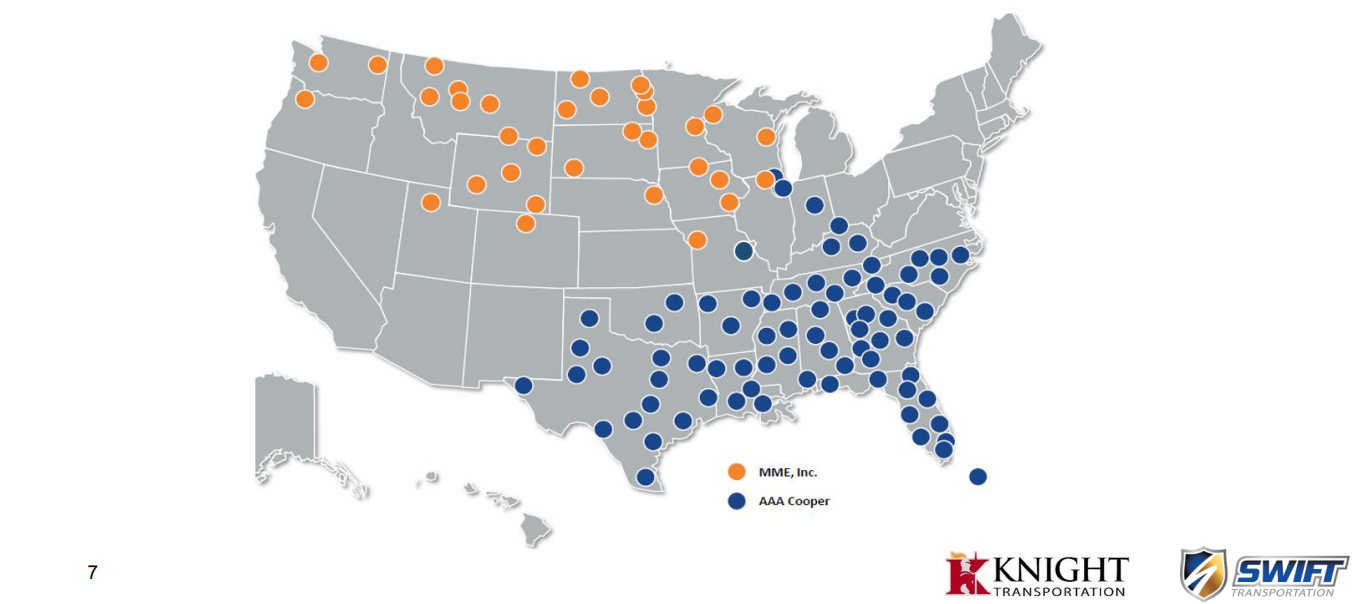 A screenshot of AAA Cooper and MME's combined LTL network as part of Knight-Swift Transportation Holdings.