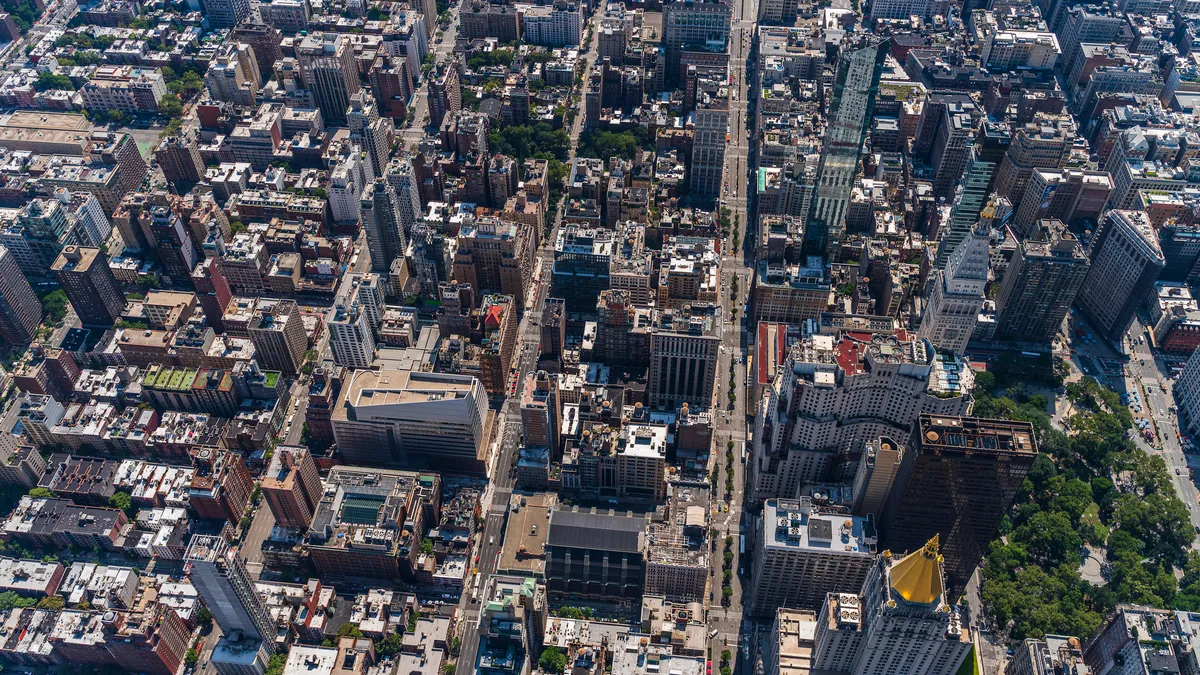 Aerial shot of buildings on a sunny day