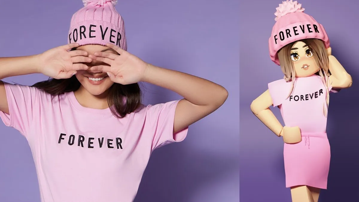 A girl wearing a Forever 21 shirt and hat is on the left, an avatar wearing the same outfit is on the right.