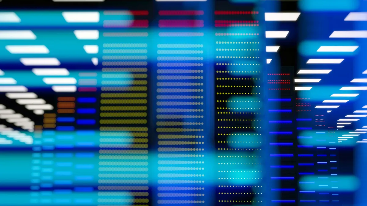 Abstract of a server room in a data center with colored lights