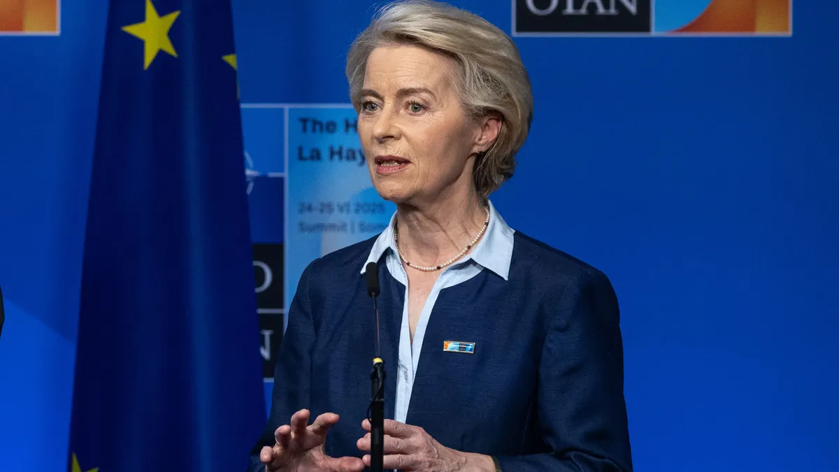 European Union President Ursula von der Leyen speaks at the NATO summit on June 24, 2025, in The Hague, Netherlands.
