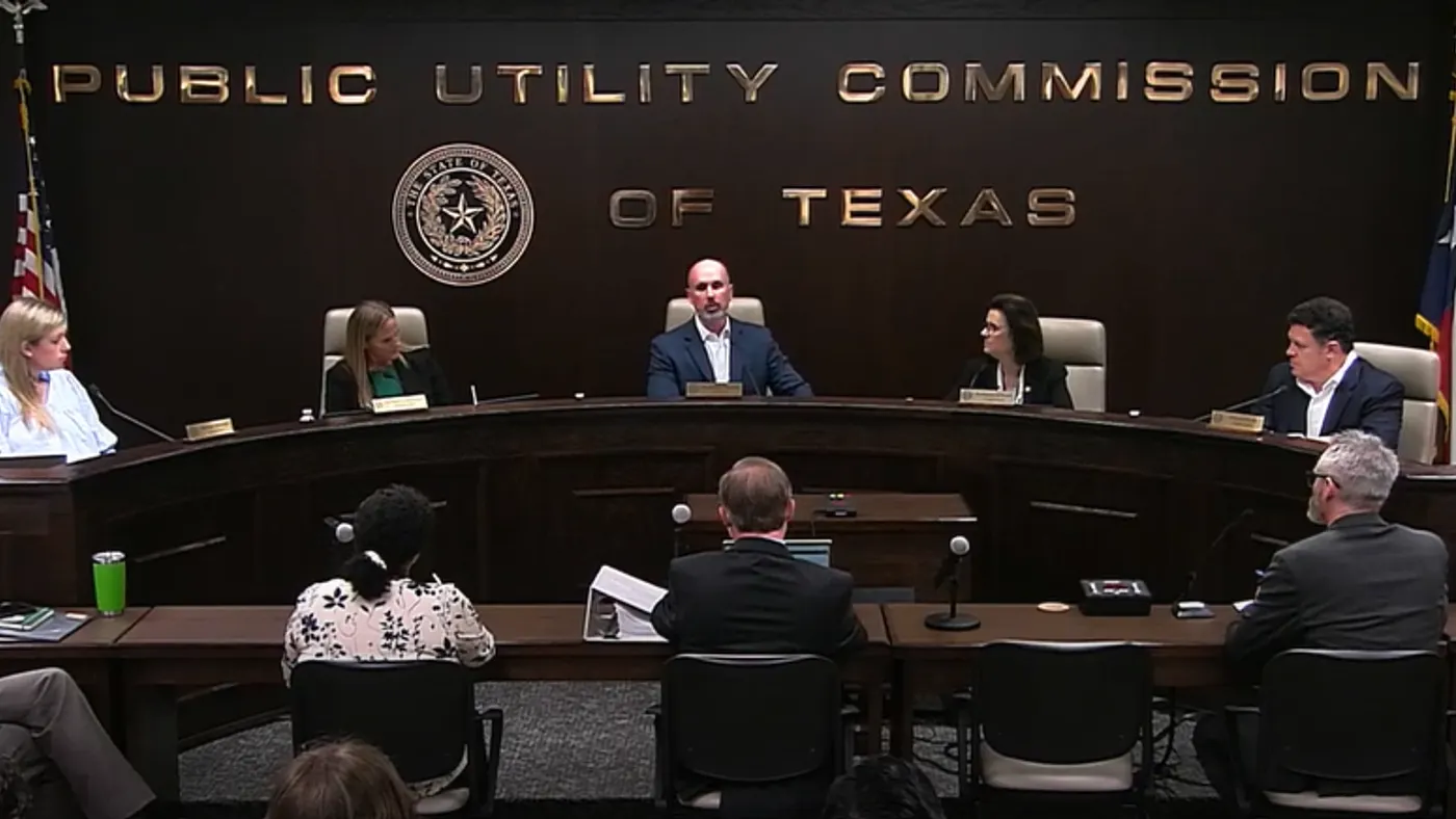 Five commissioners of the Public Utility Commission of Texas sit at a table. They met on June 18, 2026.
