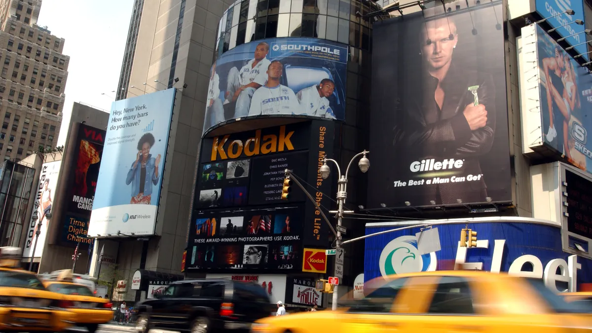 Billboard advertisements on buildings in Times Square.