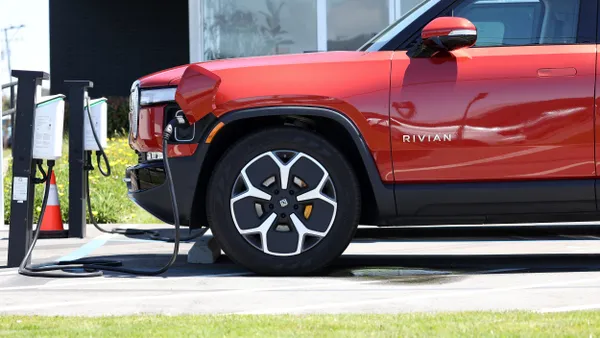 Shot of Rivian EV truck in a parking lot on Aug. 2023